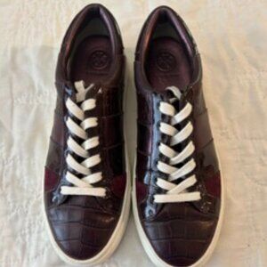 Tory Burch Burgundy Croc-Embossed Leather Sneakers Size 37